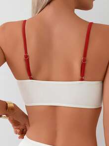 Two-Piece Bikini Swimsuit Set With Crisscross Colorblock Crop Top And Swim Bottoms, Featuring Adjustable Strap Top Decorated With Metallic Beads In Tricolor Cutout And Regular Triangle Bottom - Red - View 4