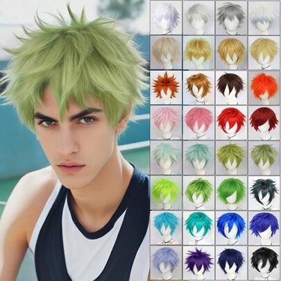 短款蓬松层次直刘海假发，男女通用动漫角色扮演假发，多种颜色可选，男女通用耐热合成纤维刘海假发，外观自然，高密度，无需胶水，佩戴舒适，采用耐热纤维制成，适合日常、节日、圣诞派对、舞台表演等场合，是理想的礼物之选。
