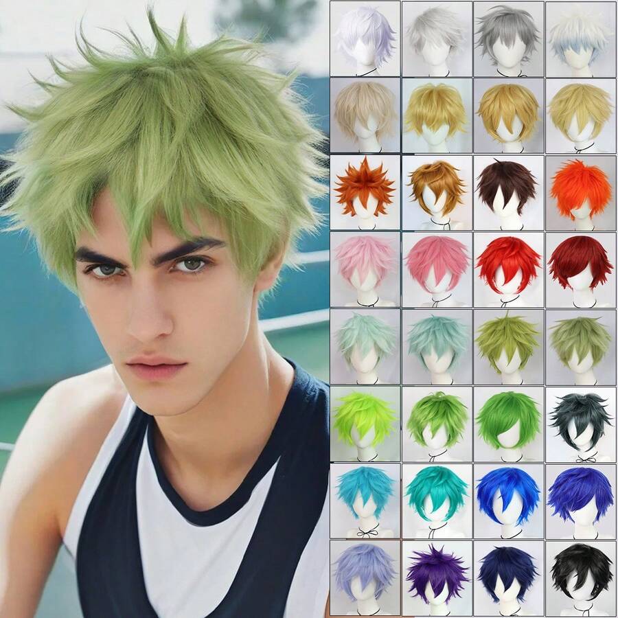 Perruque avec frange droite courte et volumineuse, perruque de cosplay unisexe pour anime, disponible en plusieurs couleurs, perruque avec frange en fibre synthétique résistante à la chaleur, apparence naturelle, haute densité, sans colle nécessaire, confortable à porter, fabriquée en fibre résistante à la chaleur, pour le quotidien, les vacances, les fêtes de Noël, les accessoires de scène, cadeau idéal - Multicolore - Voir 1