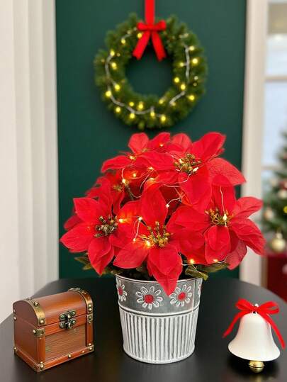 Artificial Poinsettia Bouquet, Artificial First Grade Red Flowers With Green Leaves, Christmas Tree Decoration, Suitable For Holiday Parties, Weddings Or Christmas Decorations, Floral Decorations Christmas Decorations,Home Decor,Flower Bouquet,Artificial Flowers,Garden Decor, Autumn Home Decor,Plants,Fake Flowers Room Decor