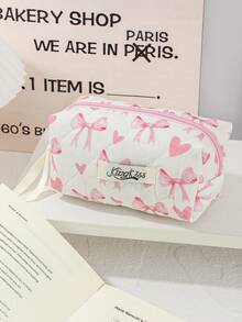 Pink Bow Pattern Cosmetics Storage Bag Large Capacity Travel Toiletry Bag Lovely Heart Print Makeup Bag Foam Quilted Travel Essentials Organizer Bag Cute Ribbon Bow Print Makeup Pouch Soft Fabric Skincare Storage Bag Small Items Storage Bag Soft Fabric Home Items Storage Bag Portable Cosmetics Organizer Bag With Zipper Make Up Holder Brush Bag - Pink - View 10