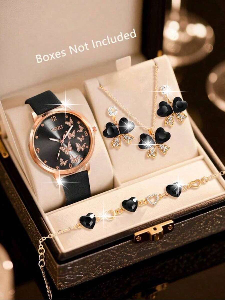 一套女士石英表，配蝴蝶和心形吊坠项链、耳环和手链首饰套装，适合日常佩戴、生日、返校、感恩节、情侣装，最佳礼物（不含礼盒）
