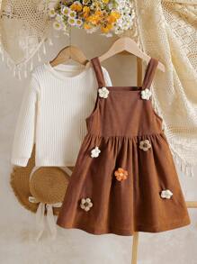 Girls Round Neck Solid Color Long Sleeve Top + 3D Knitted Flower Corduroy Suspender Skirt Casual Outfit, Spring/Autumn - Brown - View 2