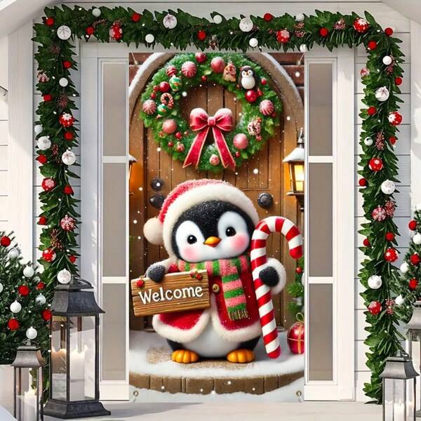 1 pezzo Simpatico banner da porta a forma di pinguino natalizio - 100% poliestere, decorazione da parete multifunzionale senza elettricità per le feste, banner da porta di benvenuto per forniture per feste di Natale