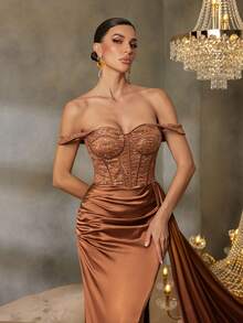 Faeriesty Đầm dạ hội trễ vai đính sequin viền satin tương phản - Đồng - Xem 7