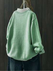 Áo khoác cardigan dài tay cổ tròn màu trơn cỡ lớn, thường ngày, thu/đông - Màu xanh Bạc hà - Xem 2