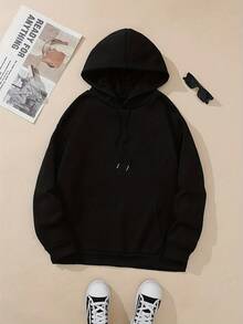 Women'S Printed Fashion Hoodie, Comfortable Fleece Lined Pullover With Kangaroo Pocket And Loose Fit, Casual Wear For Autumn And Winter, Soft Material - 黑色 - 查看 3