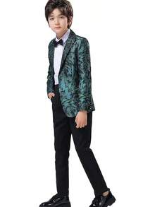 Teen Boy Jacquard Tuxedo 3 Piece Suit Set - Bow Tie Included For Wedding Prom - 綠色 - 查看 2