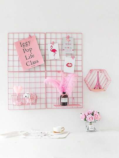 1/2pcs-Ins Wrought Iron Photo Wall Grid Frame, Steel Mesh Photo Wall Decoration, Wall Frame, Wall-Mounted Cast Iron Grid Decorative Picture Frame, Cast Iron Grid Picture Frame Hanging Decoration, Multifunctional Hanging Modern Pink Grid Design, Can Be Used For Living Room Bedroom, Birthday, Festival, Wedding Party Decoration, Home Hanging Decoration.