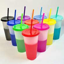 10/20 Pack Color-Changing Cup With Lid And Straw, Temperature-Sensitive Color-Changing Cup Changes Color When Cooled, Large-Capacity Straw Cup, Pp Plastic Cup, Water Cup, Fashionable Pp Plastic Water Bottle, Suitable For Travel And Halloween Parties, Most Suitable For Christmas, Very Suitable For Thanksgiving - Cốc đổi màu (10 chiếc) - Xem 2