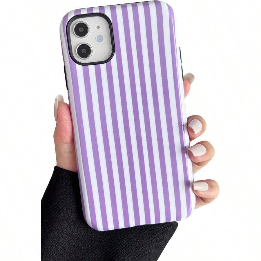Compatible With IPhone 13 / 14 Case, Fashion Cute Multi-Strip Pattern Aesthetic Design For Women, Soft TPU And Hard Back Shockproof Phone Case For IPhone 16 15 14 13 12 11 Pro Max Plus Compatible With Sam Galaxy A And S Series - Tím và Trắng - Xem 1