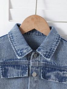 1pc Young Girl' Casual Simple Comfortable Denim Jacket With Lotus Sleeve, Spring/Autumn