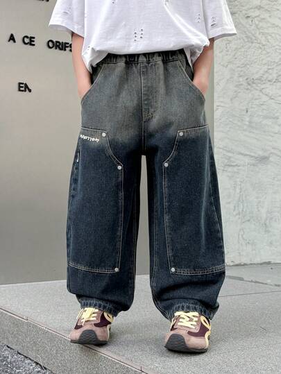 Loose Fit Straight Leg Jeans For Teenage Boys, Suitable For Casual, School, Outdoor Wear In Autumn