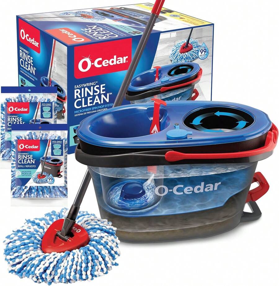 O-Cedar RinseClean Spin Mop & Bucket System |   Clean With Water |   Removes 99% Of Bacteria Plastic - Rinseclean旋轉拖把和水桶 + 2個額外替換裝 - 查看 1