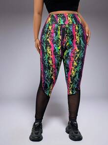 1 件女士加大码时尚性感高腰运动印花撞色网眼多功能户外骑行瑜伽紧身裤 - 黑色 - 查看 5