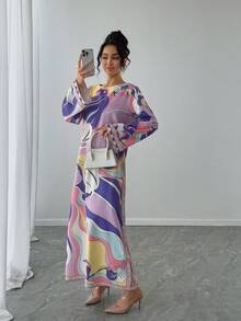 一件女士宽松印花长款连衣裙，紫色图案，奢华休闲度假装，长袖圆领优雅卡夫坦长袍，传统阿拉伯长袍，正式晚礼服，开斋节春季 - 紫色 - 查看 6