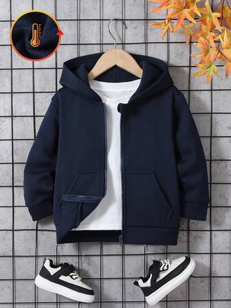 1pc Toddler Boys' Casual Fashionable Street Style Classic Retro Fleece Lined Hooded Long Sleeve Kangaroo Pocket Zip-Up Soft & Comfortable Solid Color Thick Warm Jacket, Suitable For Outdoor Sports, Back To School, Commuting, Social Gatherings, Spring/Autumn/Winter