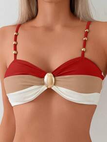 Two-Piece Bikini Swimsuit Set With Crisscross Colorblock Crop Top And Swim Bottoms, Featuring Adjustable Strap Top Decorated With Metallic Beads In Tricolor Cutout And Regular Triangle Bottom - Red - View 5