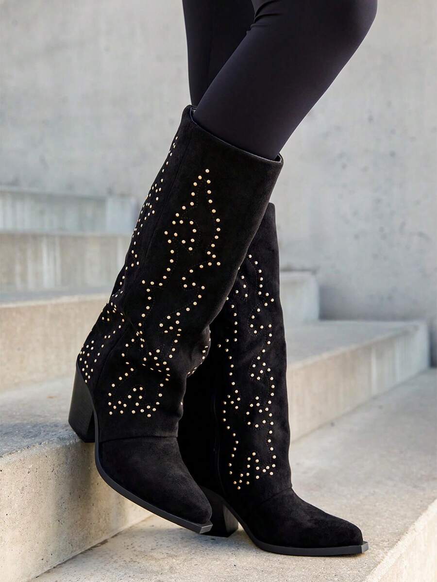 STYLEE FOOTWEAR WOMEN'S SHOES Knee-High Boots With A Cowboy Design And Decorative Metal Details. Made Of Soft Suede, They Stand Out For Their Slim Silhouette With A Pointed Toe And Slanted Mid-Heel That Provides Height Without Sacrificing Comfort. Ideal For Urban Or Bohemian Styles, They Easily Adapt To Dresses, Skirts, Or Jeans. Estimated Delivery: 1-3 Business Days (Peninsula)