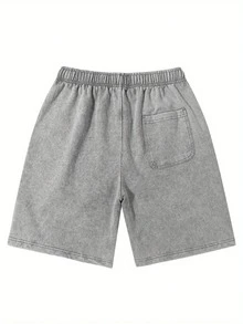290g Washed Shorts With Pink Letters And Heart-Shaped Double-Sided Printing, Summer Men's Retro Washed Casual Street Sports Shorts, Comfortable And Breathable, Daily Wear, Adjustable Drawstring Waist Circumference, Elastic Waistband And Pocket - 深灰色 - 查看 2