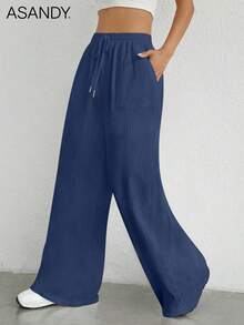 2pcs/Set Casual Wide Leg Pants, Drawstring Waist, Loose & Slimming Fit, Solid Color Summer - Black + Navy Blue - View 4