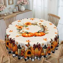 1 pezzo Tovaglia autunnale per il Ringraziamento, copritavolo da pranzo a tema raccolto: decorazione vintage con fiocco, zucca, girasole e foglia d'acero, abbinata a plaid bianco e nero, in tessuto di poliestere con bordo in pizzo, disponibile in formati rettangolari e rotondi, adatta per interni ed esterni, stile fattoria per cucina e sala da pranzo, regalo per il Ringraziamento, tovaglia domestica lavabile in lavatrice e durevole - Multicolore - Visualizzare 15