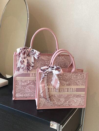 2025新款时尚热销手提包，便携购物袋，小众设计，奢华高品质，附赠海外蝴蝶结丝巾，大容量，适合日常休闲、通勤、上学、旅行、聚会、宴会等场合。（含丝巾）