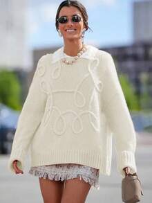 Women's Solid Color Ribbed Pullover Sweater, Daily Wear Long Sleeve Knitwear, Autumn/Winter