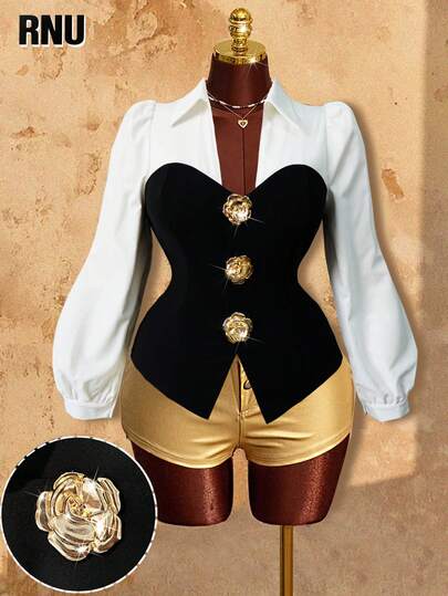 RNU Camisa de mujer de talla grande con contraste elegante en negro y blanco, de tela elástica de punto con cuello, mangas abullonadas, botones metálicos con brillo 3D en forma de rosa, para negocios, vuelta al colegio, fiesta de Navidad/formal, estilo vintage