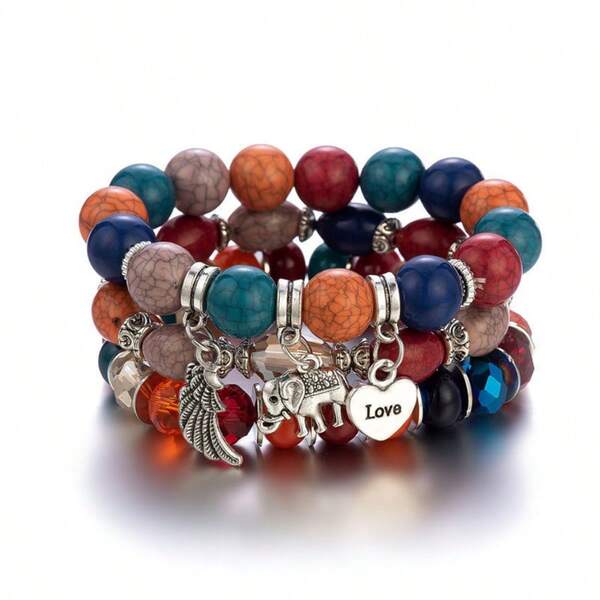Pulsera bohemia de múltiples capas con cuentas, pulsera elástica