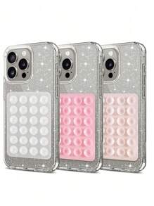 Back To School 1pc Suction Cup Stand High Transparent Glitter Phone Case Compatible With Apple, Compatible With IPhone16Promax 16 16plus 16Pro 15Promax 15 15plus 15Pro 14Promax 14plus 14 13Promax 13Pro 13 12 11 XR. Waterproof Shockproof Anti-Fall Scratch Resistant - Pink - View 1
