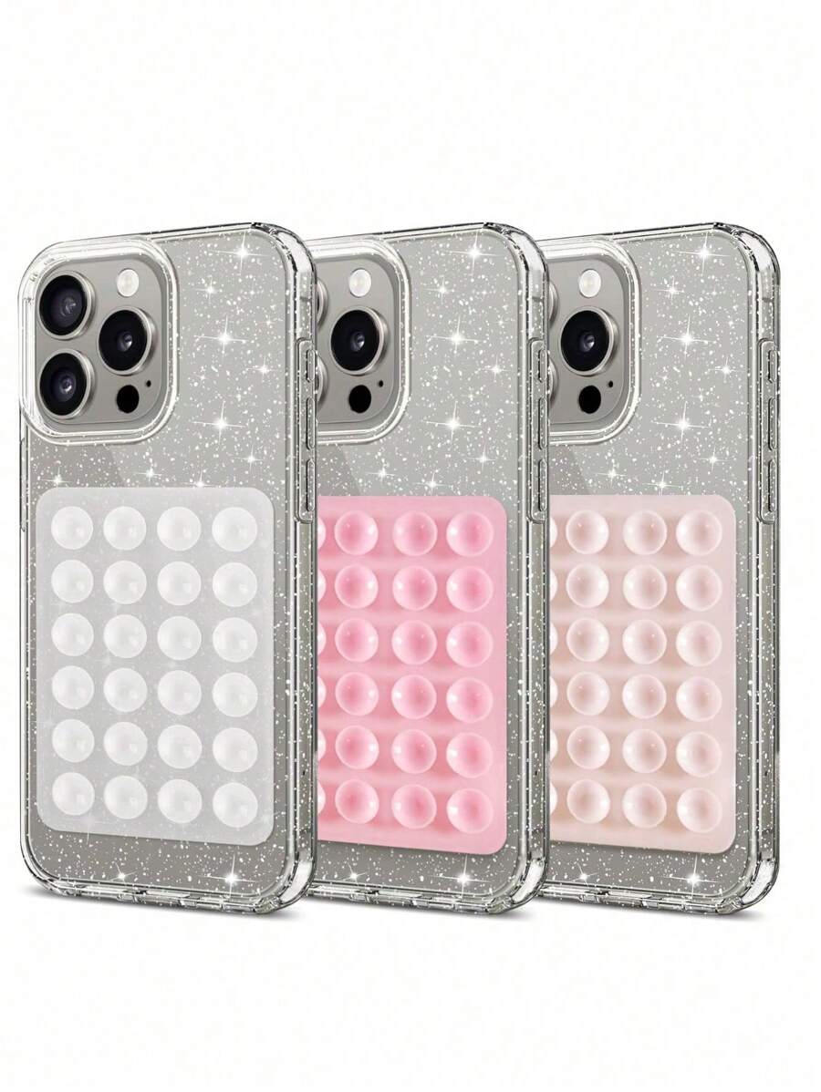 Back To School 1pc Suction Cup Stand High Transparent Glitter Phone Case Compatible With Apple, Compatible With IPhone16Promax 16 16plus 16Pro 15Promax 15 15plus 15Pro 14Promax 14plus 14 13Promax 13Pro 13 12 11 XR. Waterproof Shockproof Anti-Fall Scratch Resistant - Pink - View 1