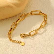 18K 镀金 1 件不锈钢压花矩形手工链条手链，适合女士日常佩戴、节日礼物、朋友和情侣礼物 - 金黃色 - 查看 6