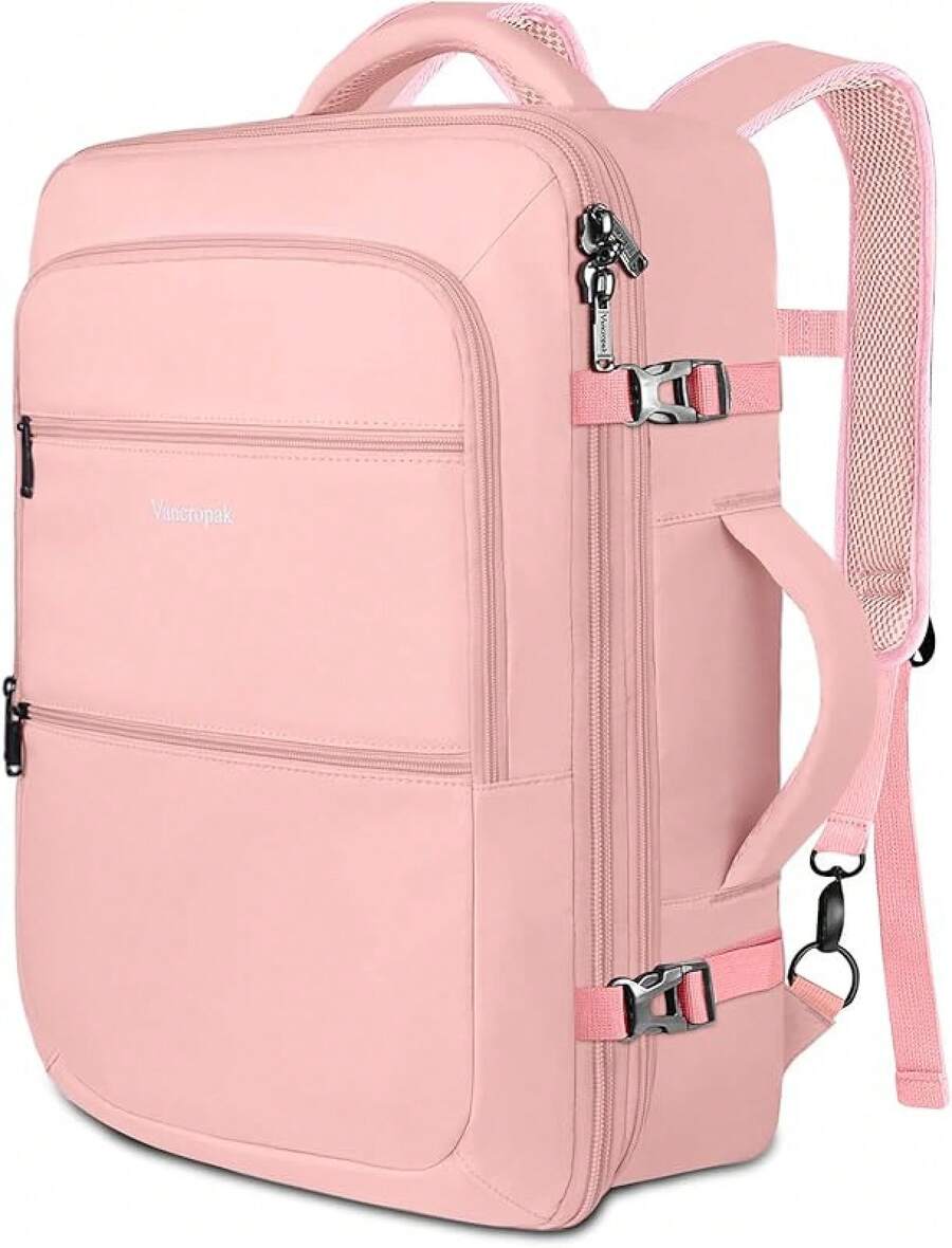 Vancropak Mochila de Viaje 10kg Avion, 40L Grande Expandible, Impermeable Viral Maleta Mano, Equipaje Mujeres y Hombres Universitaria, Aprobada para Vuelos, Negro - ROSA - Ver 1