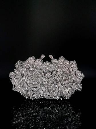 Glamorous, Elegant And Luxurious Floral Crystal Evening Clutch Bag, Women's Formal Wedding Party Handbag, Floral Crystal Handbag, Handmade Metal Rhinestone Evening Bag, Retro Sequin Clutch, Wedding Party Prom Bag, Chain Shoulder Evening Bag, Bridal Bag, Suitable For Weddings, Galas And Parties, Best Gift For Women