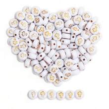 200/600Pcs 6mm Square/7mm Flat Round Acrylic Beads Cross Pattern Beads Loose Spacer Beads For Jewelry Making DIY Bracelets Accessories - 白底金字/扁圓 - 查看 2