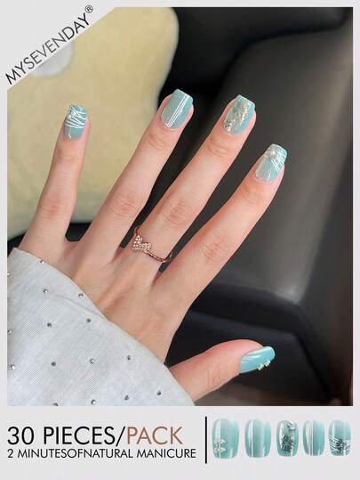 30 Peças de Unhas Postiças Amendoada/Curta Listrada Dourada Pérola Azul Oceano Falsa Armadura/Encantos de Unhas Y2k Adequada para Reuniões, Festivais, Halloween e Uso Diário, Acompanha 1 Peça de Cola de Gelatina e 1 Tira de Polimento