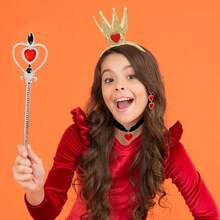 Halloween Queen Costume Accessories Set Includes A Gold Crown, Red Heart Collar, Gem Scepter, Heart-Shaped Earrings, Suitable For Women's Queen Costume Party Accessories