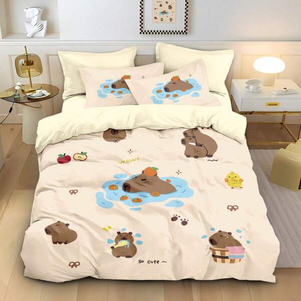 Cartoon Cute Capybara Print Bedding Set, Available In 4 Sizes (Twin, Full, Queen, King) - (1 Duvet Cover + 2 Pillowcases, No Filler), Suitable For Hotel, Bedroom, School