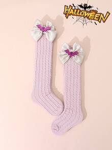 1 双女孩简约万圣节趣味卡通装饰踝袜，闪亮蝴蝶结点缀纯色罗纹及膝袜，四季皆宜 - 彩色 - 查看 30