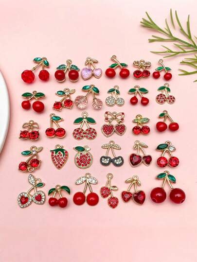 30pcs Elegant Cherry & Strawberry Pendant DIY Charms - Crystal Rhinestone Alloy Pendants, Suitable For Necklace/Earrings/Keychain