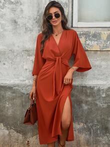 Đầm midi nữ màu trơn thắt eo tay lửng thanh lịch mùa xuân - Gỗ đỏ - Xem 5