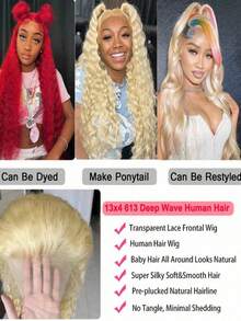 613 180 Density Kinky Curly Human Hair Wig With Baby Hair 13x4 HD Transparent Deep Wave Lace Front Wigs Human Hair Pre Plucked Bleached Knots Brazilian Virgin Blonde Glueless Wigs For Women 38inch - 金色 - 查看 9