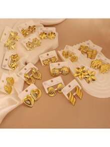 9 Pairs/Sets Of Random Styles Stainless Steel Cast Flowers/Bowknot/Wings And Other Geometric Earrings, Simple Fashionable Ear Ornaments Suitable For Women's Daily Wear