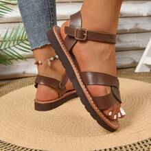 女士平底凉鞋，时尚扣带舒适宽松交叉带百搭户外简约轻便凉鞋，女士沙滩休闲凉鞋，纯色波西米亚风 - 咖啡棕 - 查看 5