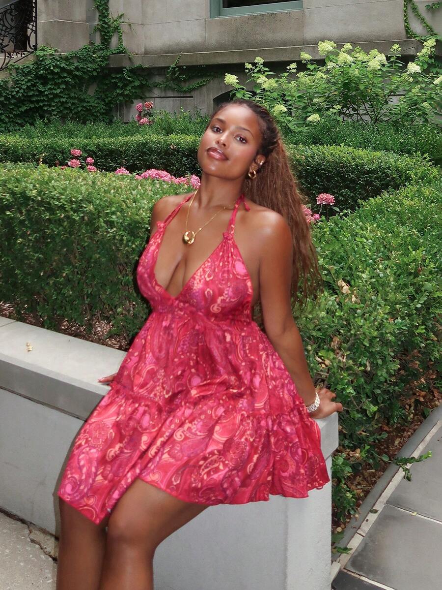 Tyla Gomez 女式休闲度假日常百搭波西米亚印花露背系带蝴蝶结吊带连衣裙,春夏 - 彩色 - 查看 1