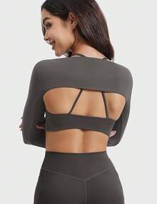 Women Crop Top Long Sleeve Bolero Open Front Workout Cropped Shirts Sports Shrug - Shadow - View 5