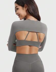 Women Crop Top Long Sleeve Bolero Open Front Workout Cropped Shirts Sports Shrug - Tro - Xem 4