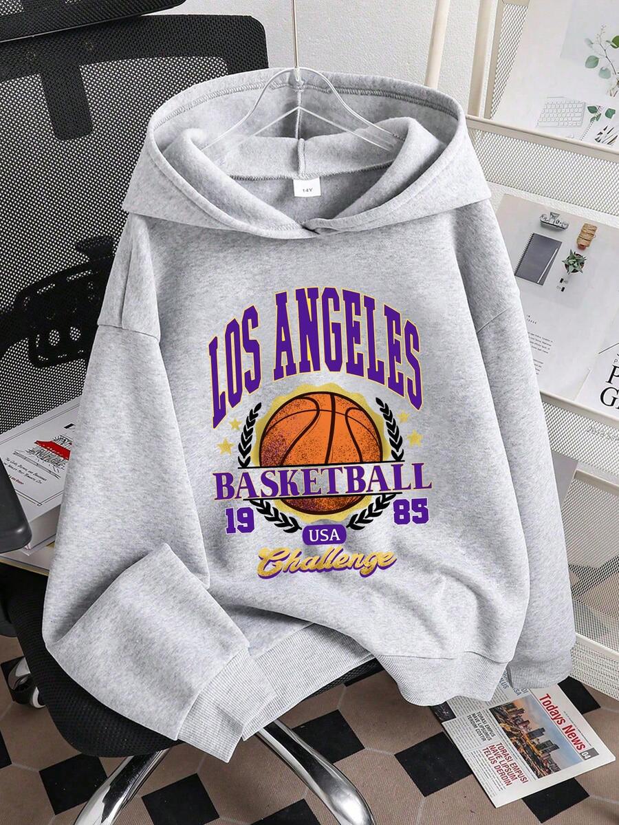 青少年男孩篮球印花保暖连帽卫衣 - 灰色 - 查看 1