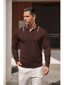 Men's Knit Shirt Long Sleeve Quarter Zip Sweater Casual Shirts Vintage Striped Collar - 焦糖 - 查看 7